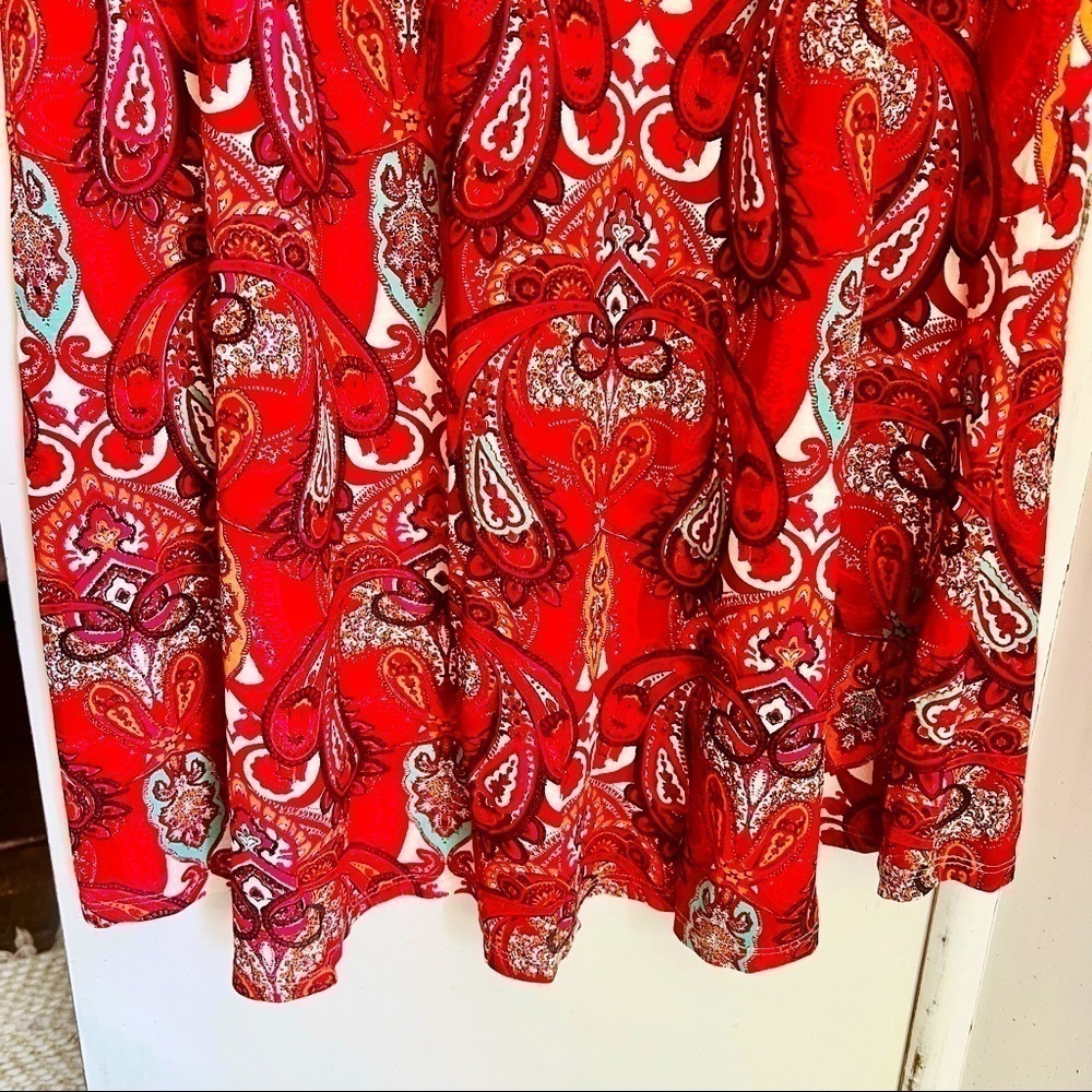 ELLOS Red Paisly Shift Dress Capped Sleeves Scoop Neck 100 Viscose Knee Length M - Picture 7 of 12